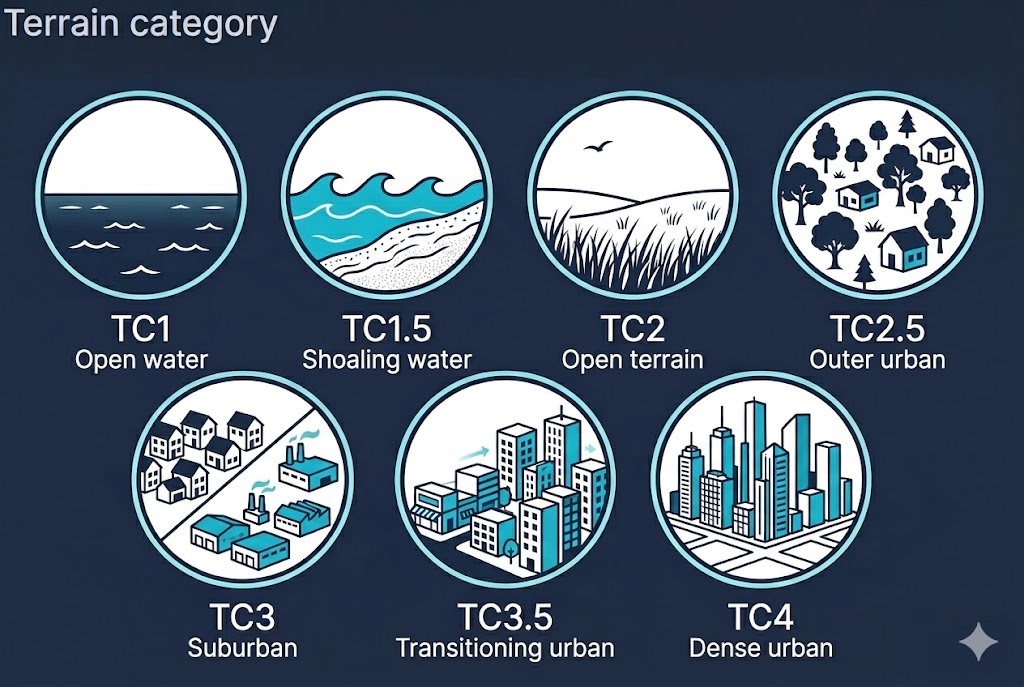 Visual reference of AS/NZS 1170.2 terrain categories TC1 through TC4